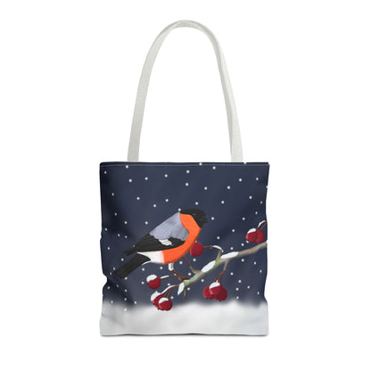 Bullfinch on a Winter Branch Christmas Bird Tote Bag 16"x16"