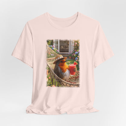 T-Shirt mit Rosi Rotkehlchen Motiv in der Hängematte für Vogelfreunde