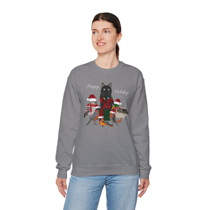 Robin Mallard Oriole Owl with Cat in a Box and Fairy Lights Happy Holidays Christmas Bird Sweatshirt