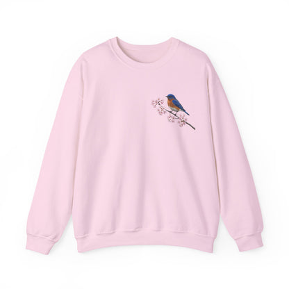Bluebird Cherry Blossom Sweatshirt | Floral Bird Crewneck Cozy Spring Pullover – Animal Lover Gift,