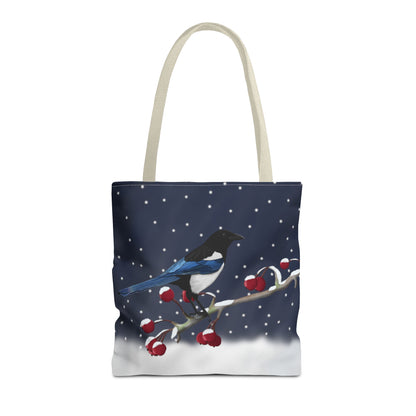 Magpie on a Winter Branch Christmas Bird Tote Bag 16"x16"