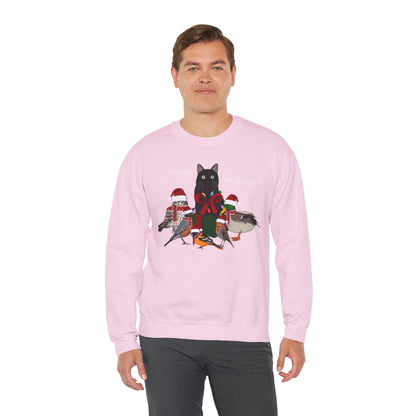 Robin Mallard Oriole Owl with Cat in a Box and Fairy Lights Happy Holidays Christmas Bird Sweatshirt