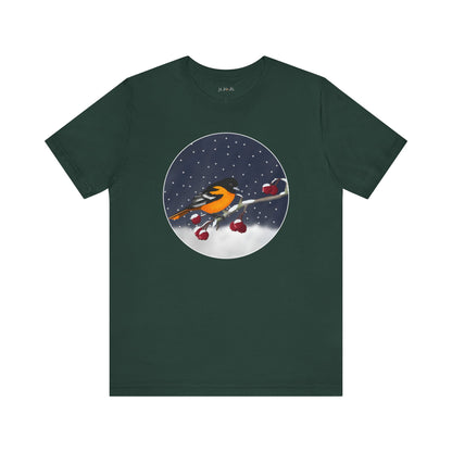 Baltimore Oriole on a Winter Branch Birdwatcher Christmas Bird T-Shirt