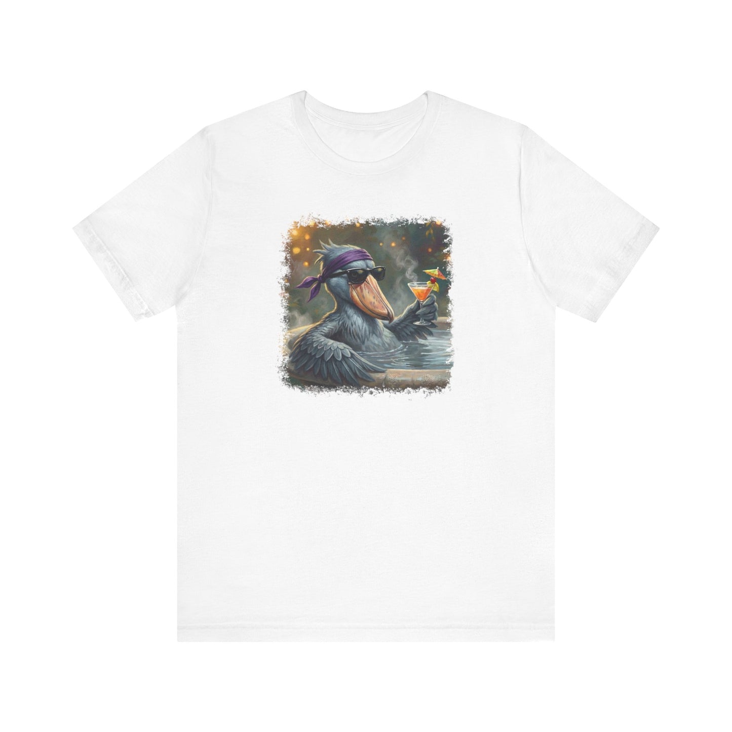 Funny Shoebill T-Shirt | Bird with Sunglasses & Drink | Unisex Summer Tee