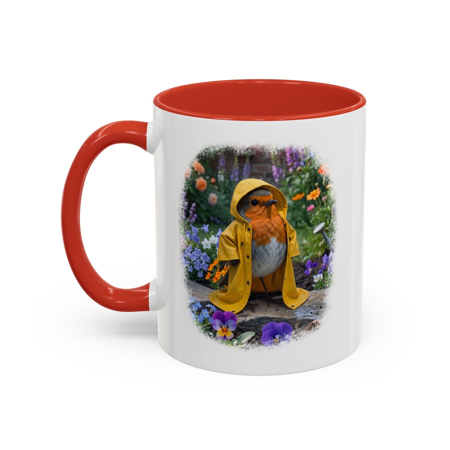 Robin Rosi Yellow Raincoat Garden Premium Mug for Bird Lovers