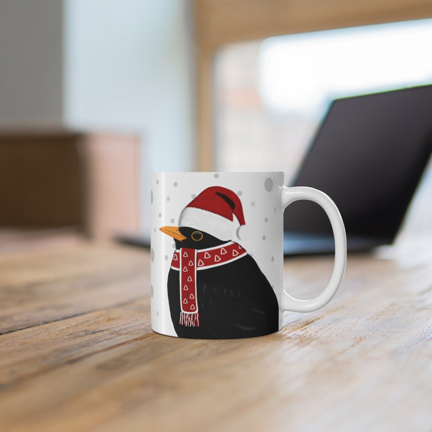 Blackbird with Red Santa Hat and Scarf Christmas Bird Ceramic Mug 11oz