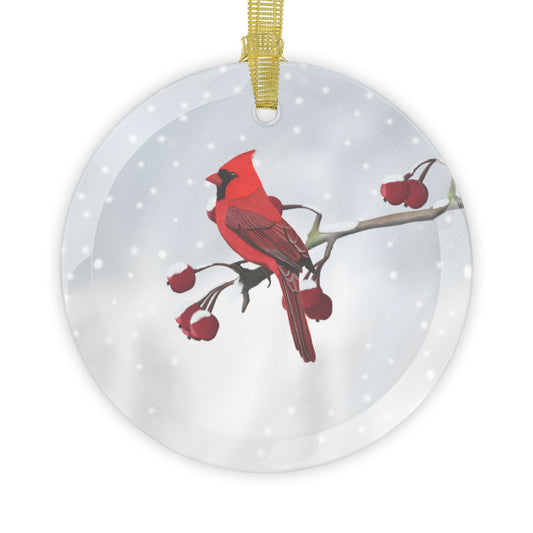 Cardinal Snow Bird Christmas Glass Ornament