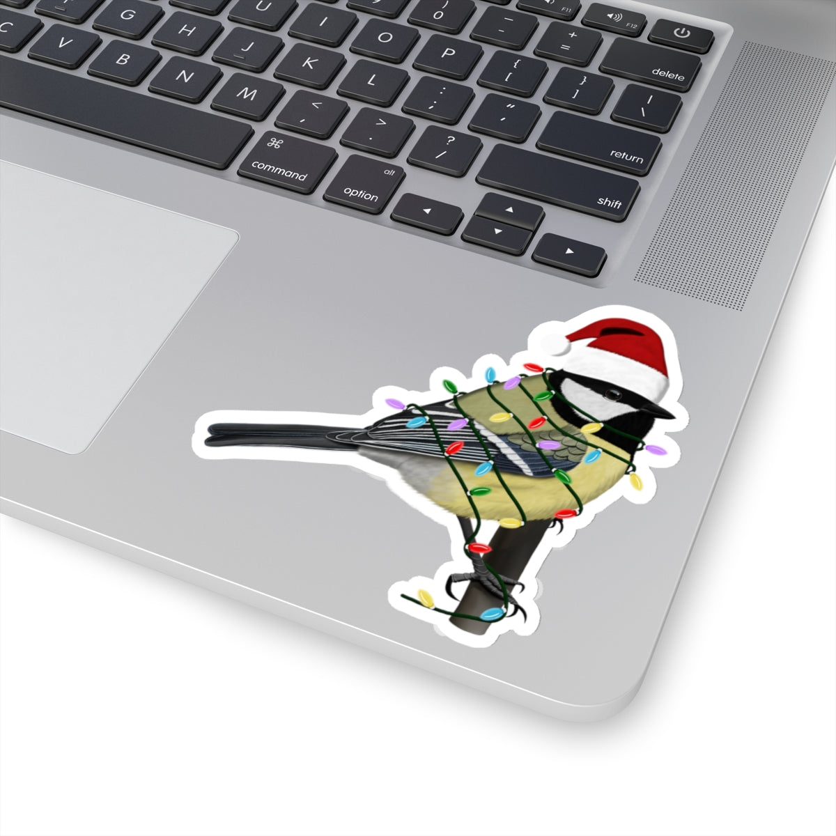 Chickadee with Fairy Lights and Santa Claus Hat Christmas Bird Sticker