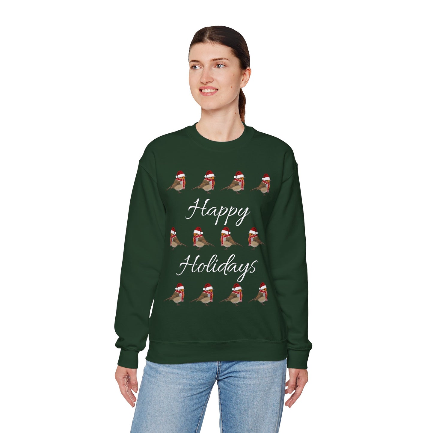 European Robin as Santa with Hat and Scarf Happy Holidays Birdwatcher Christmas Bird Sweatshirt