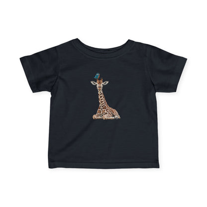 Süße Baby Giraffe mit Eisvogel Vogel Tiermotiv T-Shirt für Babys und Kleinkinder