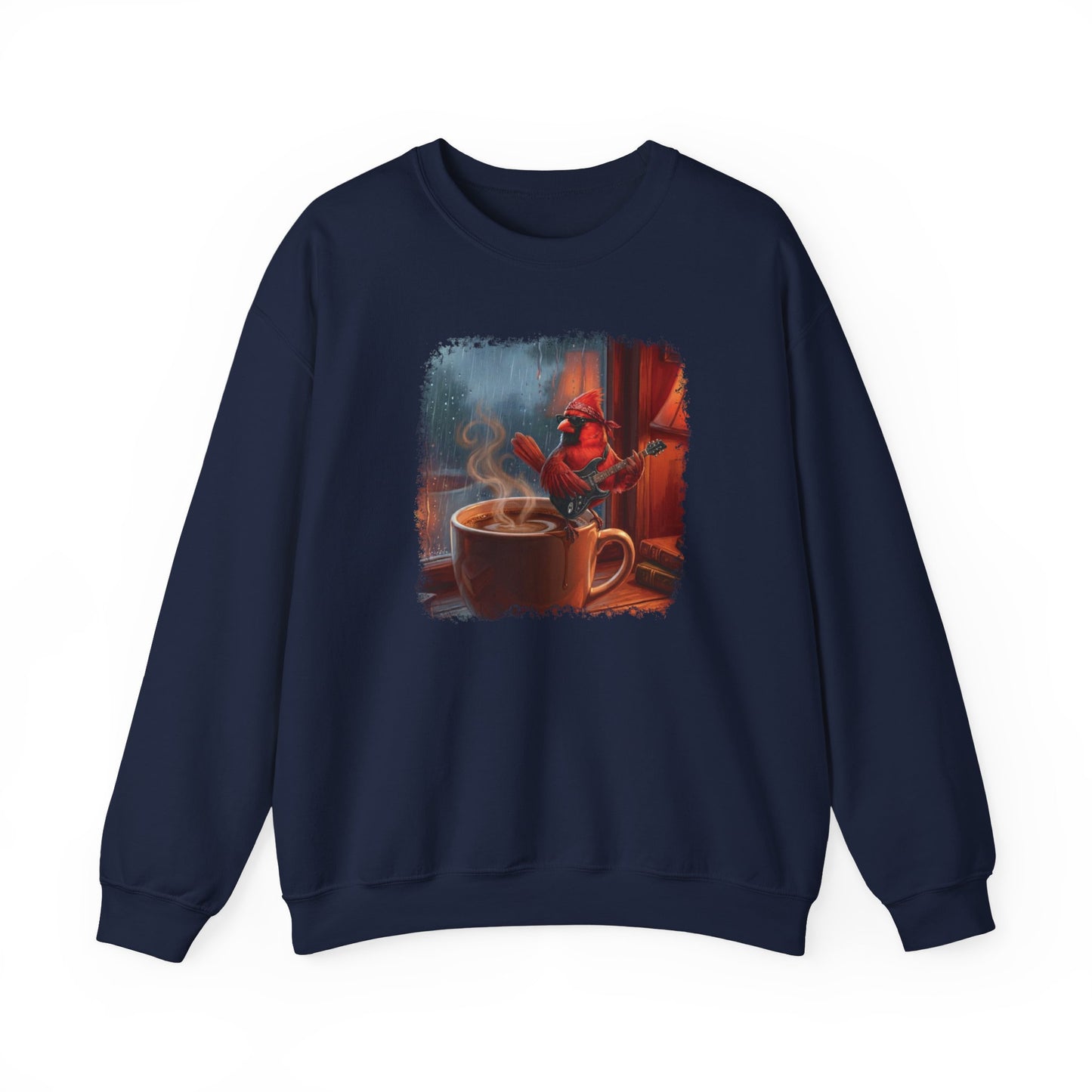 Cozy Rainy Day Coffee Sweatshirt – Vintage Cardinal with Guitar Graphic