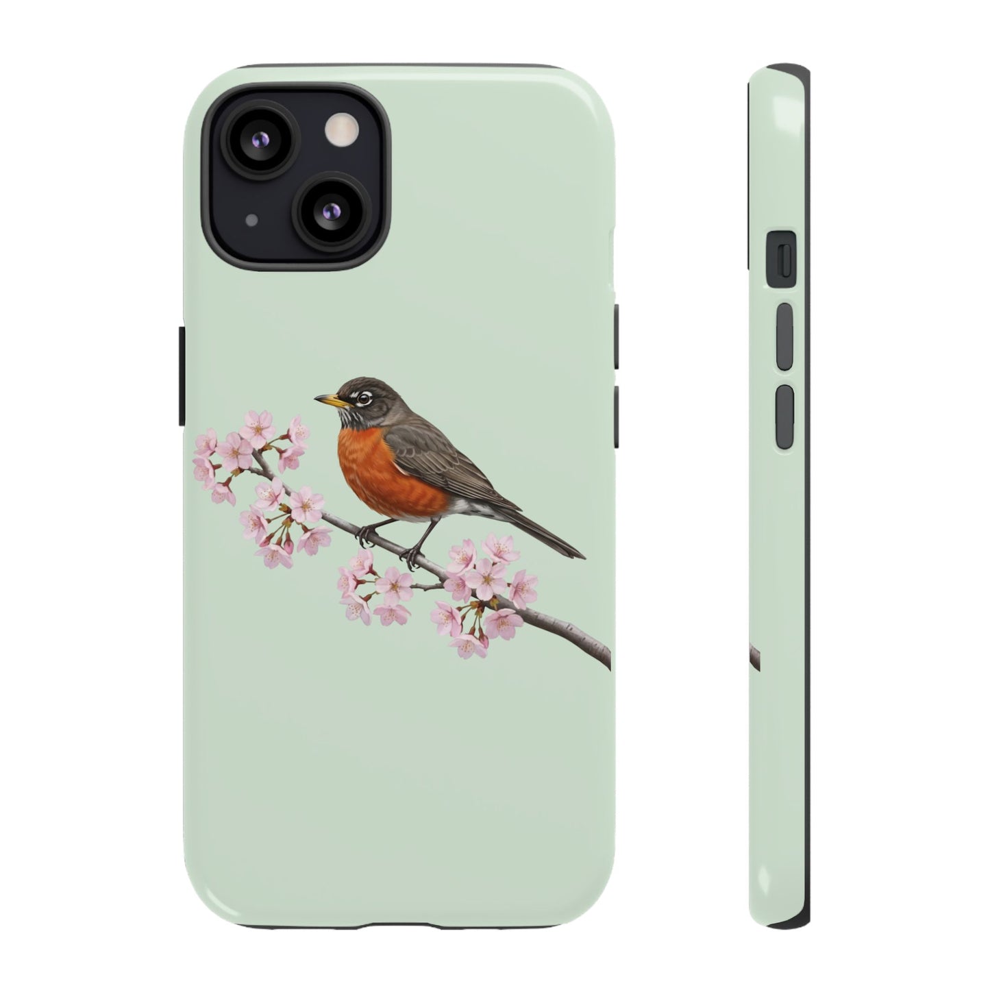 Wanderdrossel Handyhülle in Salbeigrün | Florales Kirschblüten Vogel-Motiv für iPhone & Google Pixel – animal lover,