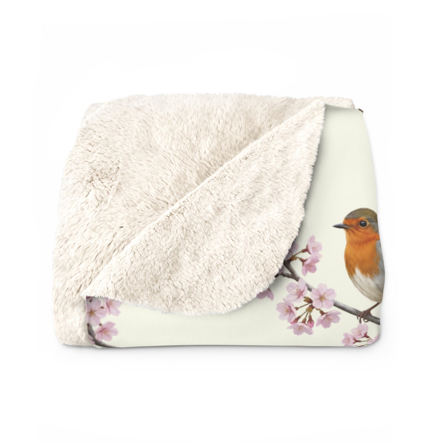 Rotkehlchen Premium Sherpa-Fleece Decke in Cremeweiß | Kuscheldecke mit Vogelmotiv (150x200cm)