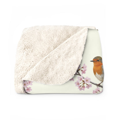 Rotkehlchen Premium Sherpa-Fleece Decke in Cremeweiß | Kuscheldecke mit Vogelmotiv (150x200cm)
