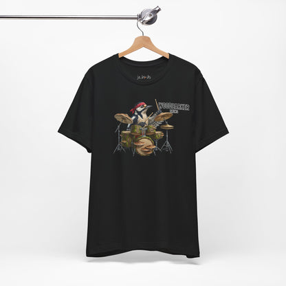 The Woodbarker Graphic Tee – Woodpecker Drummer – Funny Rock Band Bird Shirt