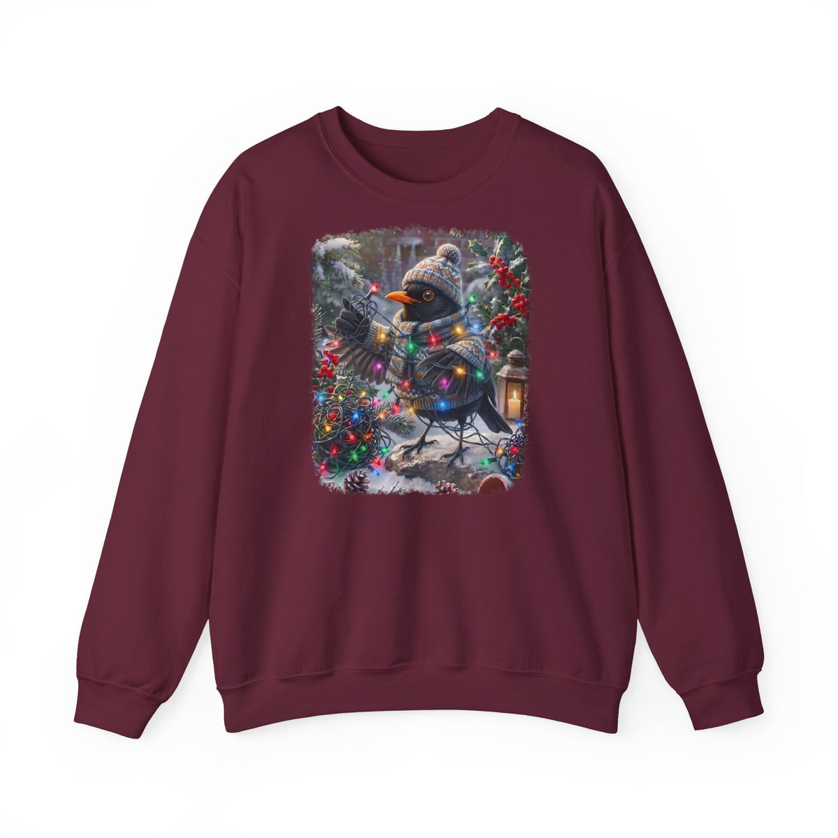 Premium Sweatshirt Amsel und die Lichterkette im winterlichen Garten für Vogelfreunde
