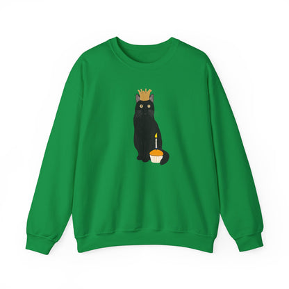 Black Birthday Cat with Muffin and Golden Crown Cat Lover Sweatshirt