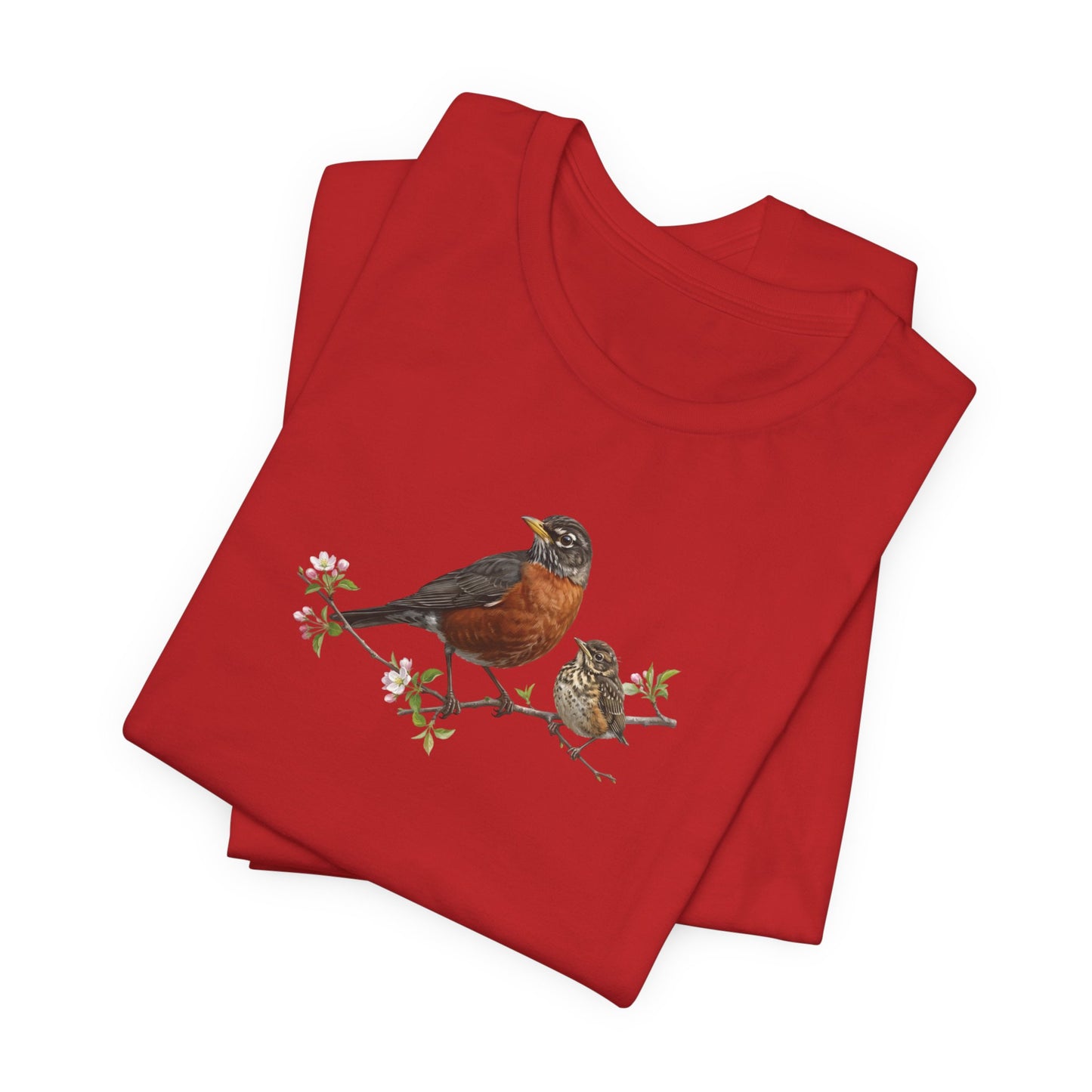 American Robin & Fledgling T-Shirt | Spring Blossoms Unisex Graphic Tee