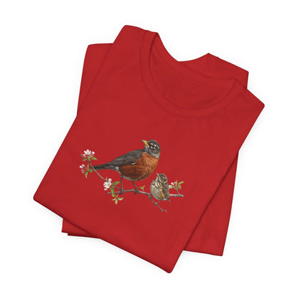 American Robin & Fledgling T-Shirt | Spring Blossoms Unisex Graphic Tee