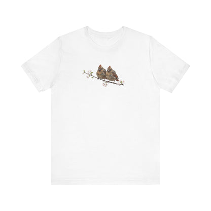 Cardinal Fledgling T-Shirt | Spring Blossoms Unisex Graphic Tee for Bird Watchers