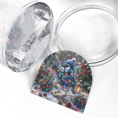 Blue Jay Christmas Snow Globe – Tangled Lights Winter Bird Art
