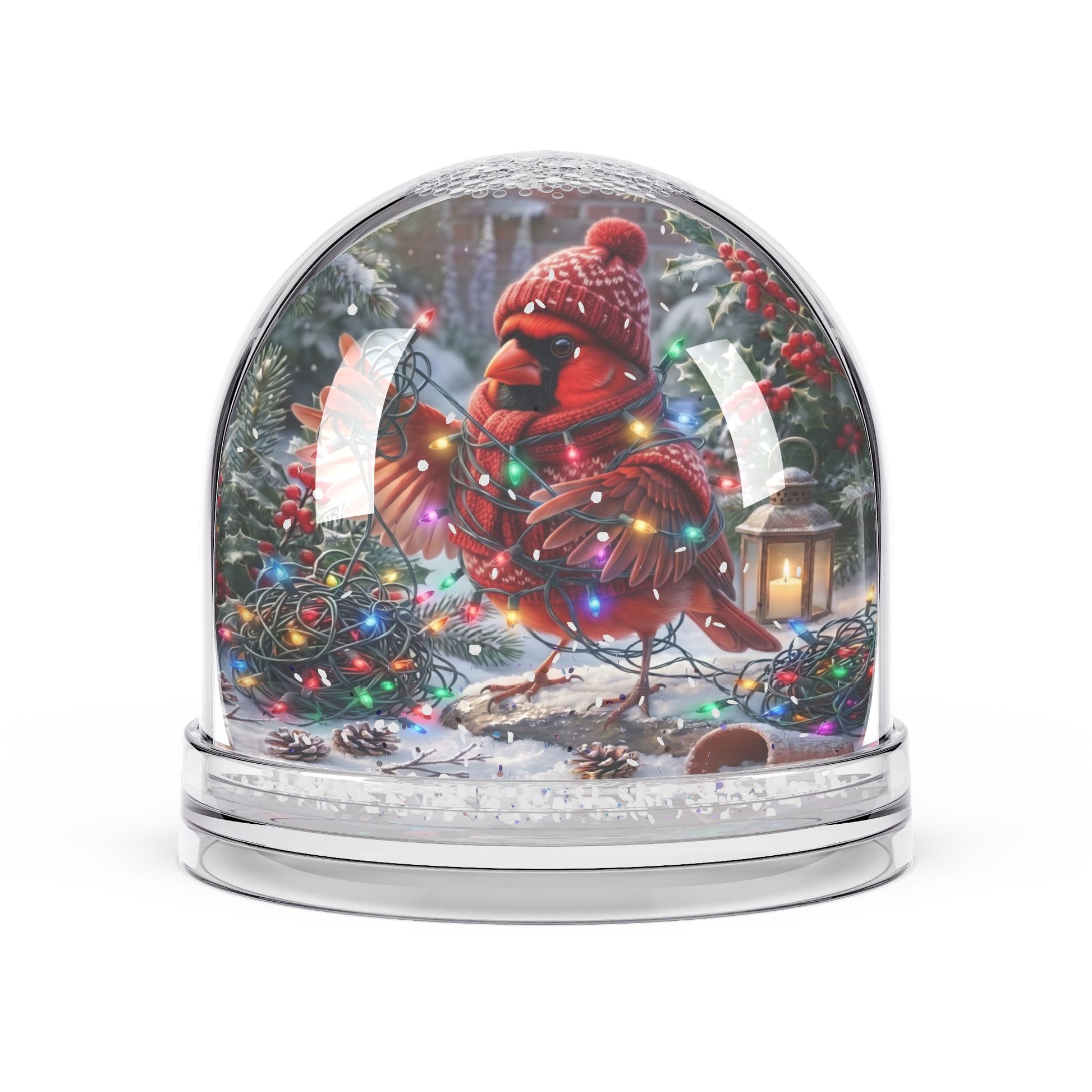 A clear glass snow globe with a silver base, featuring a painted red cardinal wearing a knit hat and scarf, surrounded by Christmas lights, pine trees, berries, and a lantern inside.