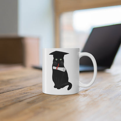 Black Cat Graduation Cat Lover Ceramic Mug White