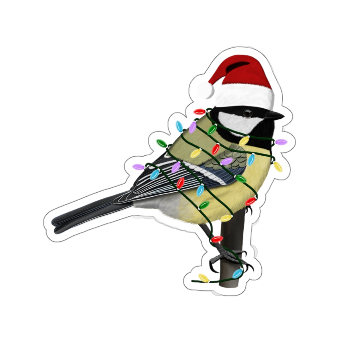 Chickadee Paper products – with Fairy Lights and Santa Claus Hat Christmas Bird Sticker