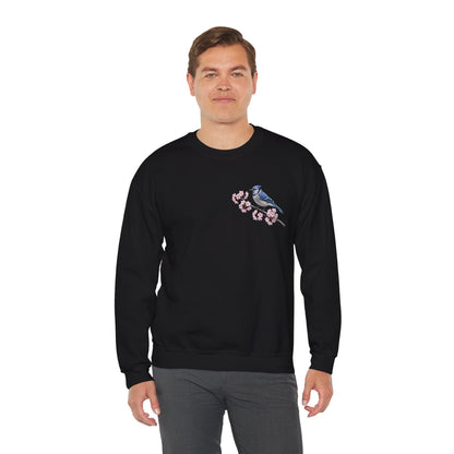 Blue Jay Cherry Blossom Sweatshirt | Floral Bird Crewneck Cozy Spring Pullover – Animal Lover Gift,