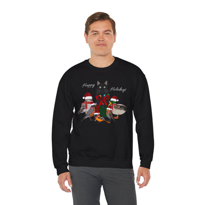 Robin Mallard Oriole Owl with Cat in a Box and Fairy Lights Happy Holidays Christmas Bird Sweatshirt