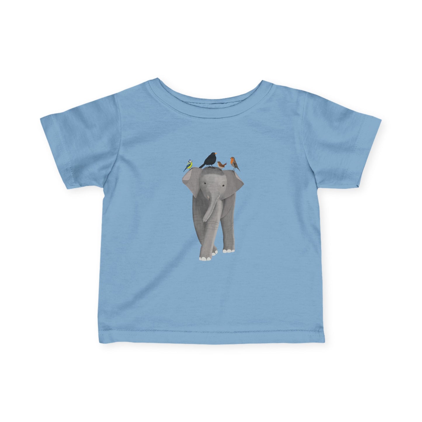 Süßes Elefant mit Amsel Blaumeise Rotkehlchen Zaunkönig Vogel Tiermotiv T-Shirt für Babys und Kleinkinder