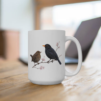 Amsel mit Ästling Premium Keramiktasse | Geschenk für Vogelbeobachter