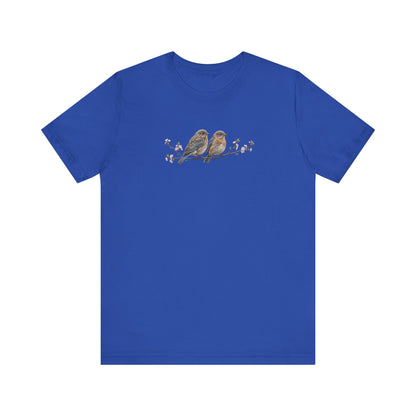 Eastern Bluebird Fledgling T-Shirt | Spring Blossoms Unisex Graphic Tee for Bird Watchers