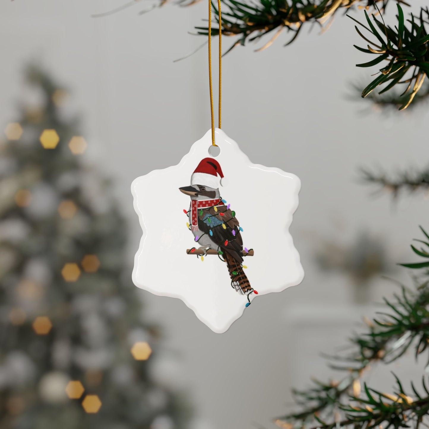 Kookaburra as Santa Ceramic Bird Christmas Ornament | Durable Double-Sided Bird Lover Decor