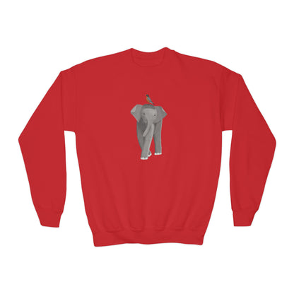 Elephant with American Robin Bird Youth Crewneck Sweatshirt