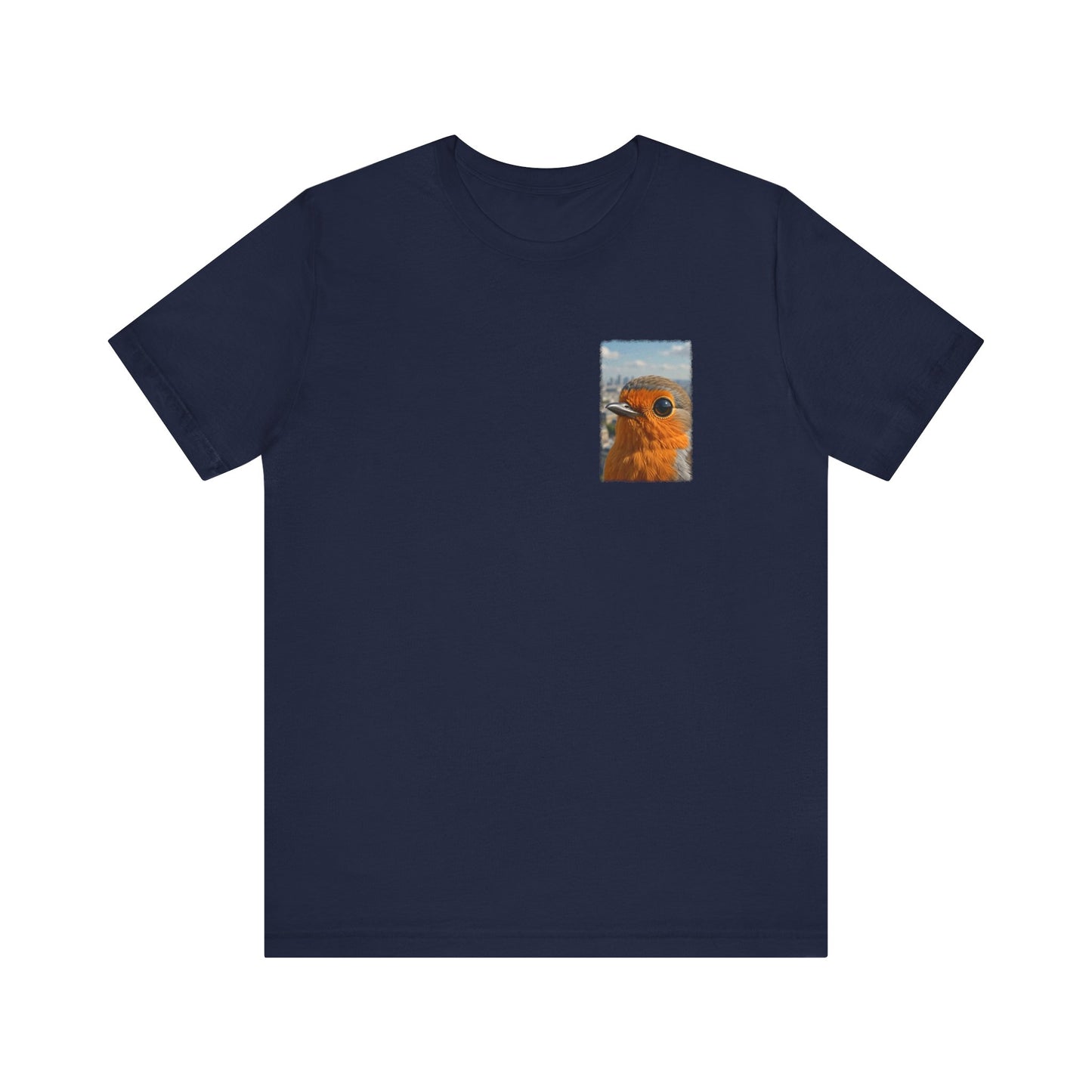 A navy blue short-sleeve crewneck t-shirt with a small square graphic print on the left chest showing a close-up of a robin bird, displayed on a solid white background.
