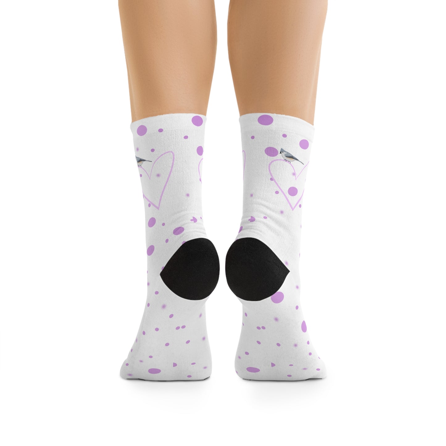 Tufted Titmouse Valentine's Day Pink Heart and Dots Bird Socks White