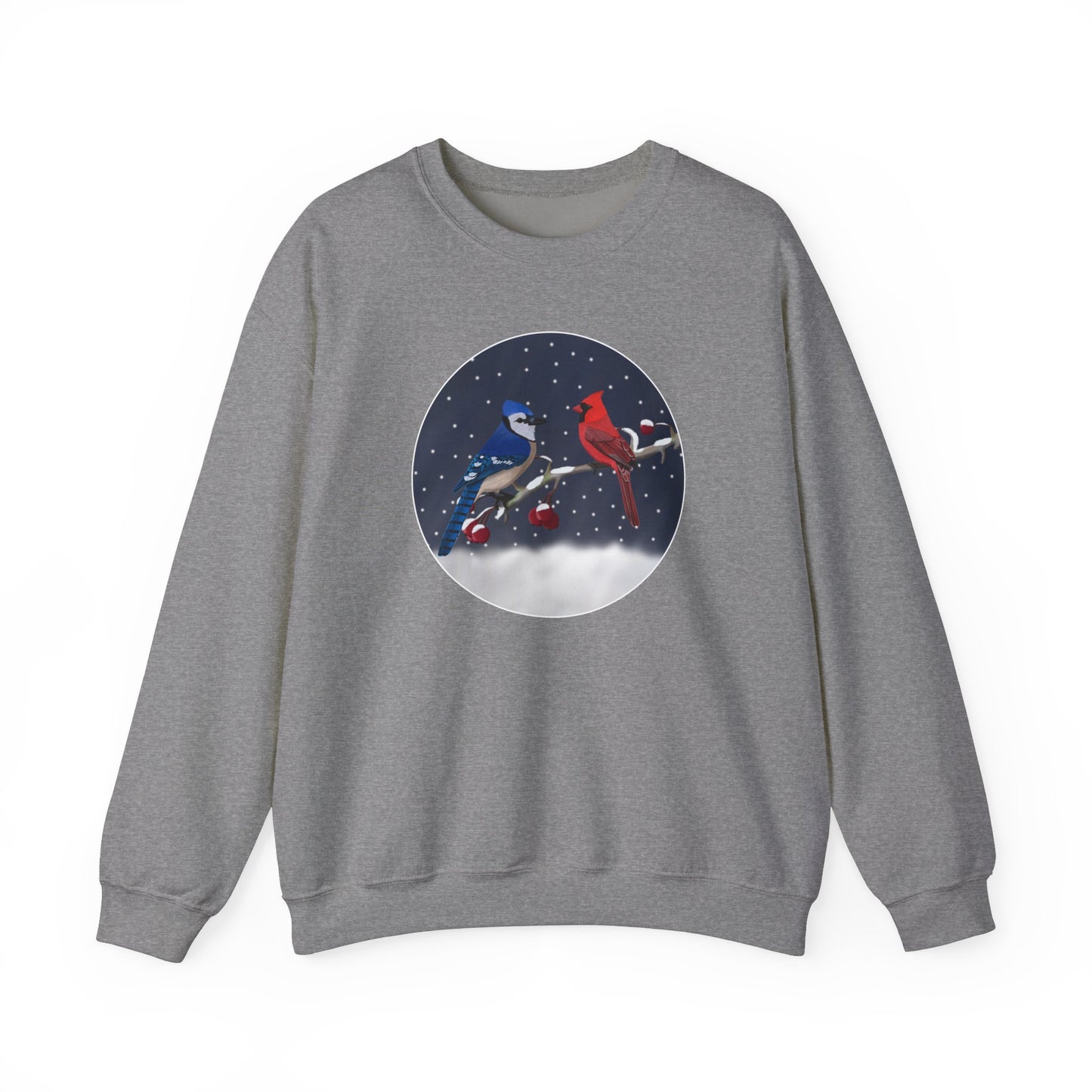 Blue Jay and Cardinal on a Winter Branch Christmas Bird Sweatshirt