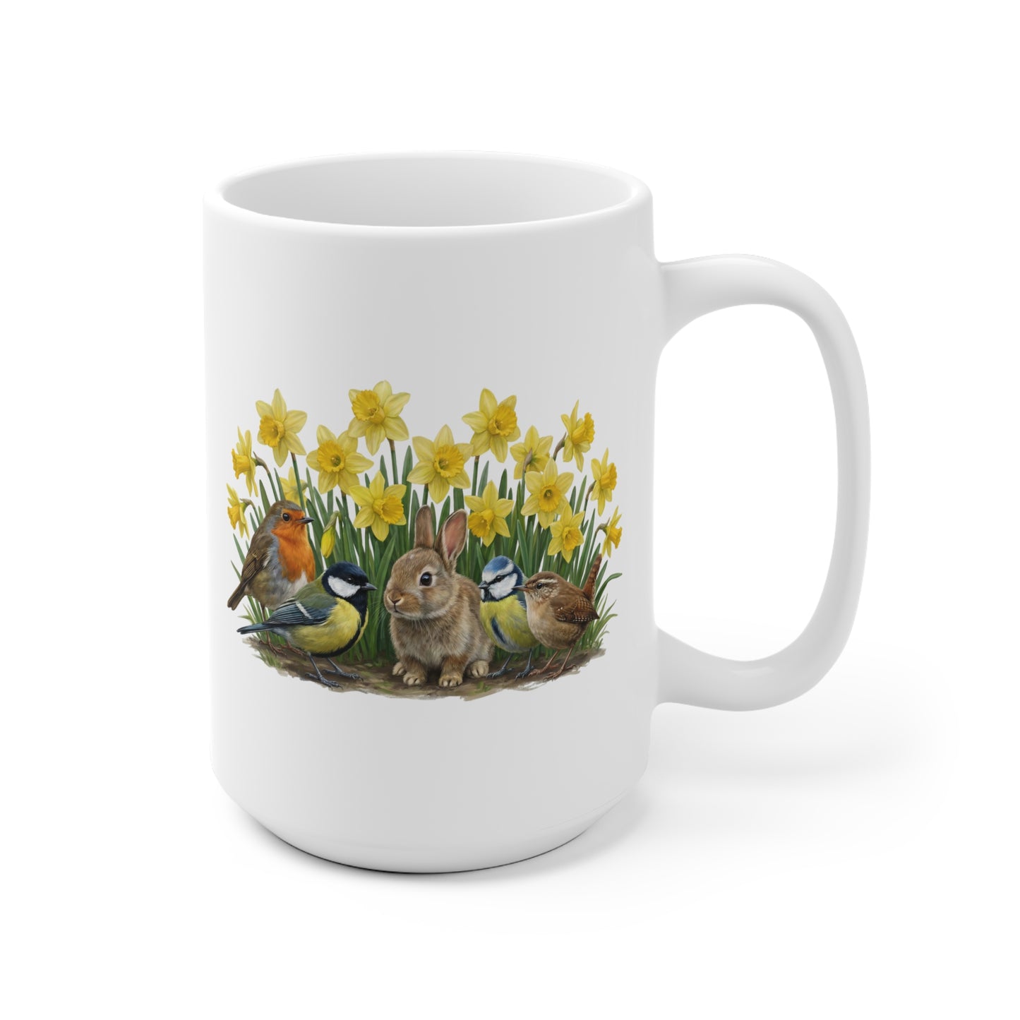 Kaninchen Rotkehlchen Meisen Zaunkönig mit Osterglocken Tasse - Oster-Geschenk für Vogelfreunde