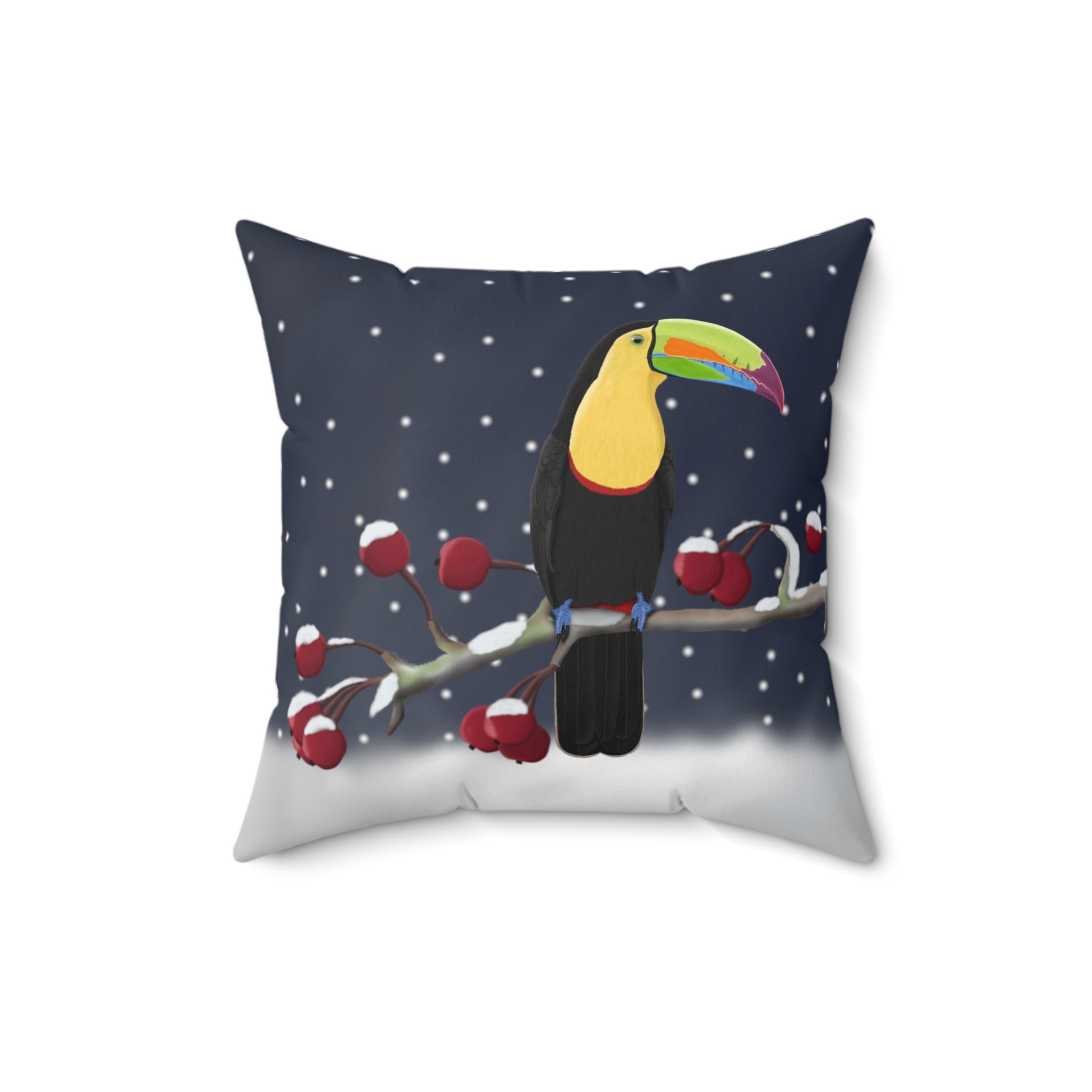 Toucan on a Winter Branch Christmas Bird Pillow