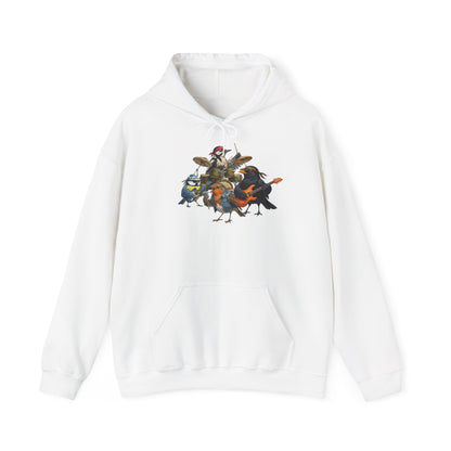 Vogel-Rockband Hoodie – Lustiger Kapuzenpullover mit Amsel, Rotkehlchen & Meise