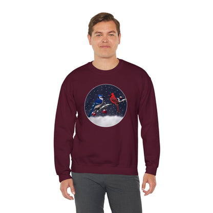 Blue Jay and Cardinal on a Winter Branch Christmas Bird Sweatshirt