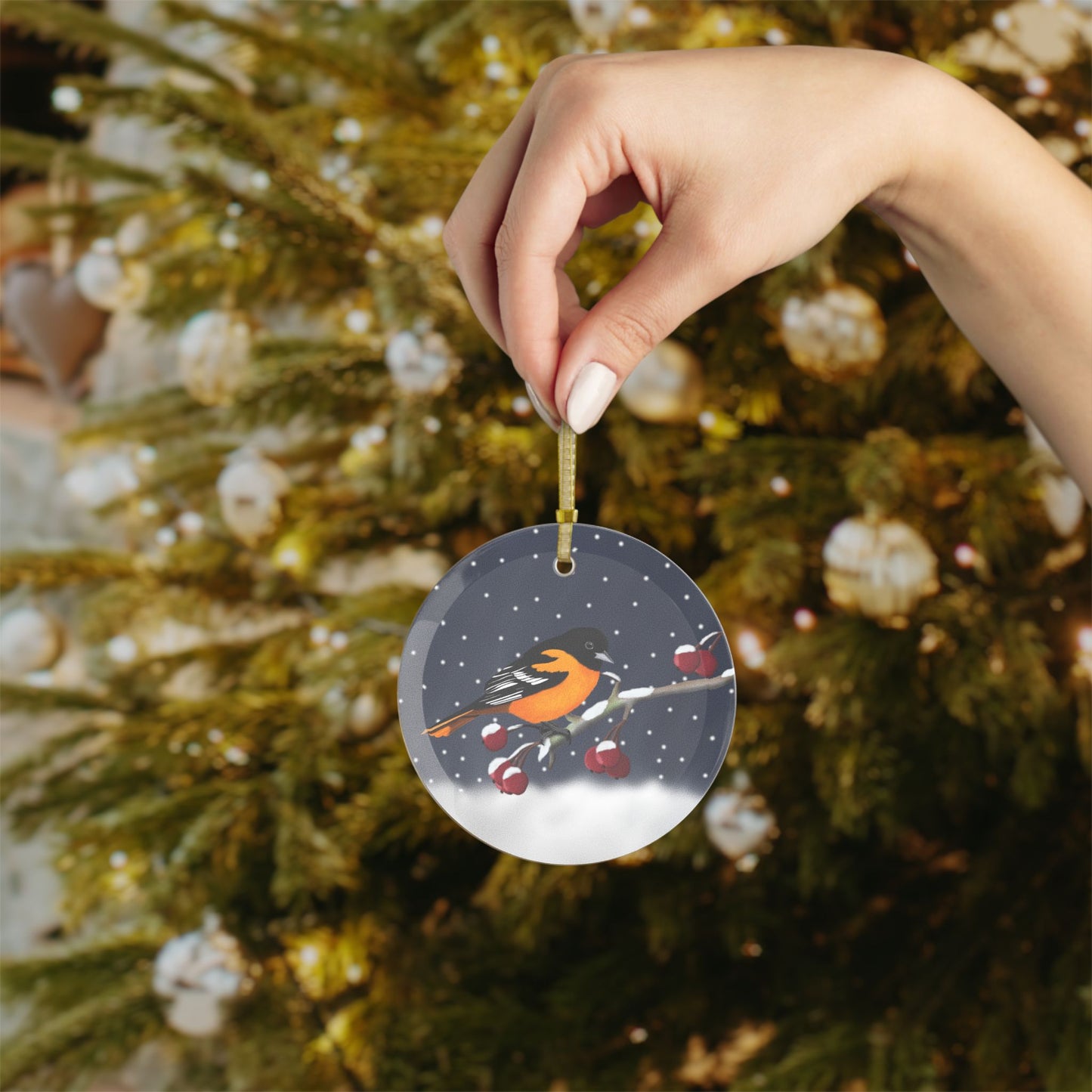 Baltimore Oriole on a Winter Branch Christmas Bird Glass Ornament