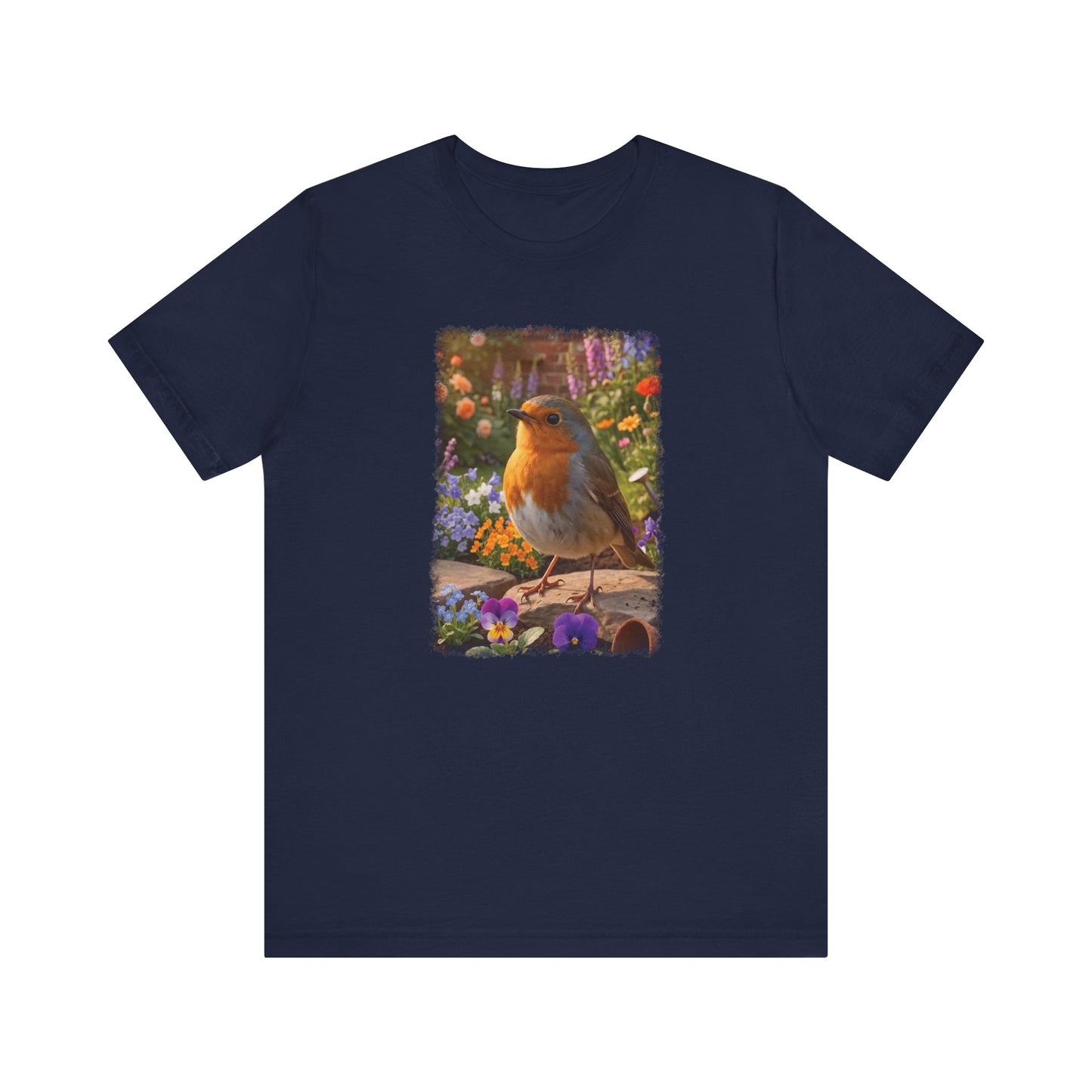 Robin Rosi in the Flower Bed T-Shirt - Cozy Backyard Birding Apparel