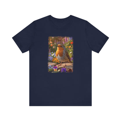 Robin Rosi in the Flower Bed T-Shirt - Cozy Backyard Birding Apparel