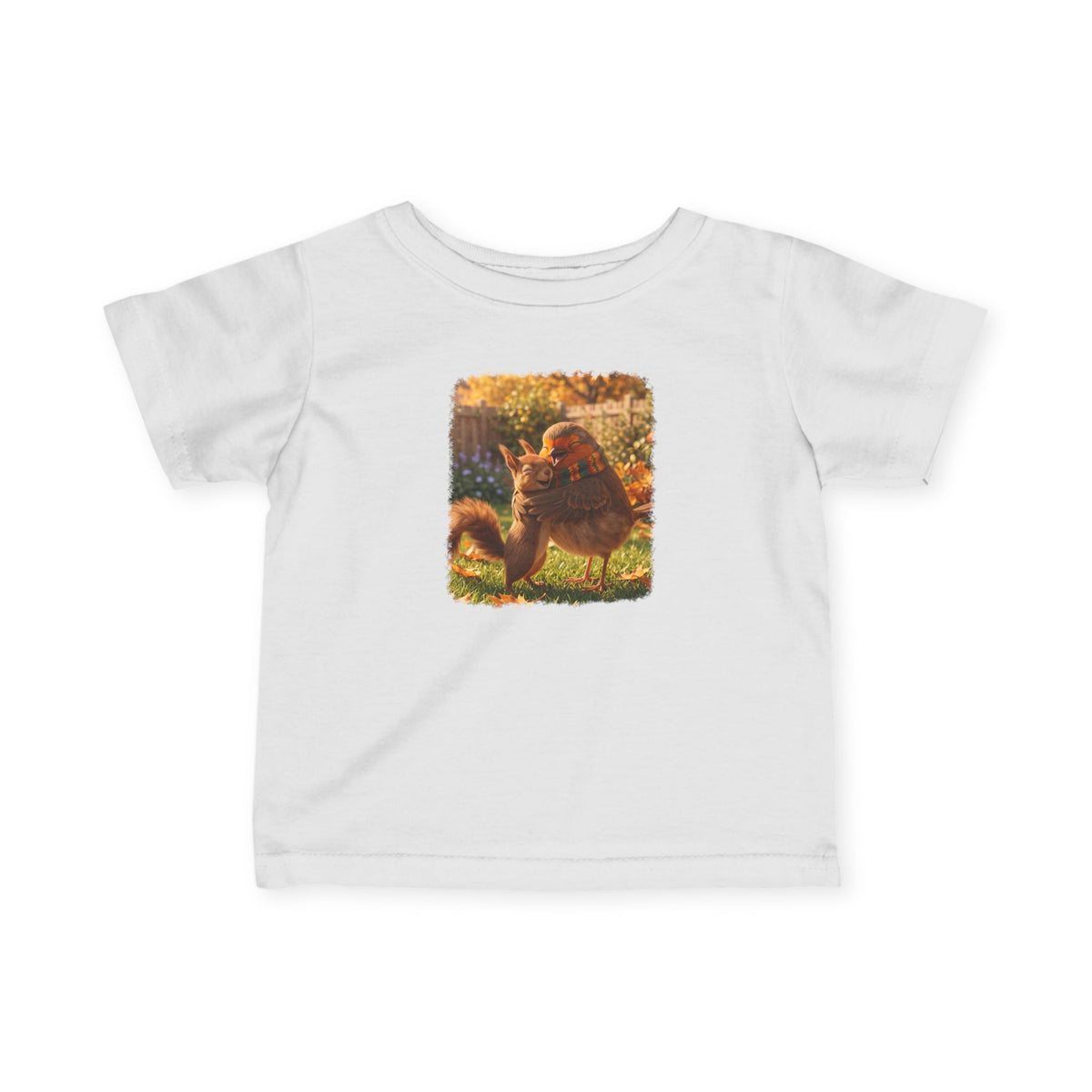 A white short-sleeve baby t-shirt with a square graphic print on the chest showing a squirrel hugging a robin bird, set against a plain white background.