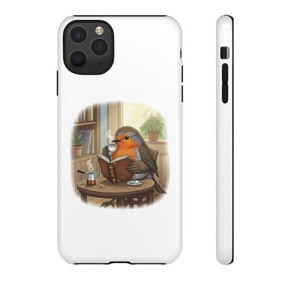 Rotkehlchen liest und trinkt Kaffee Premium Handyhülle – Doppelt Geschützt & Rundum Bedruckt Weiß