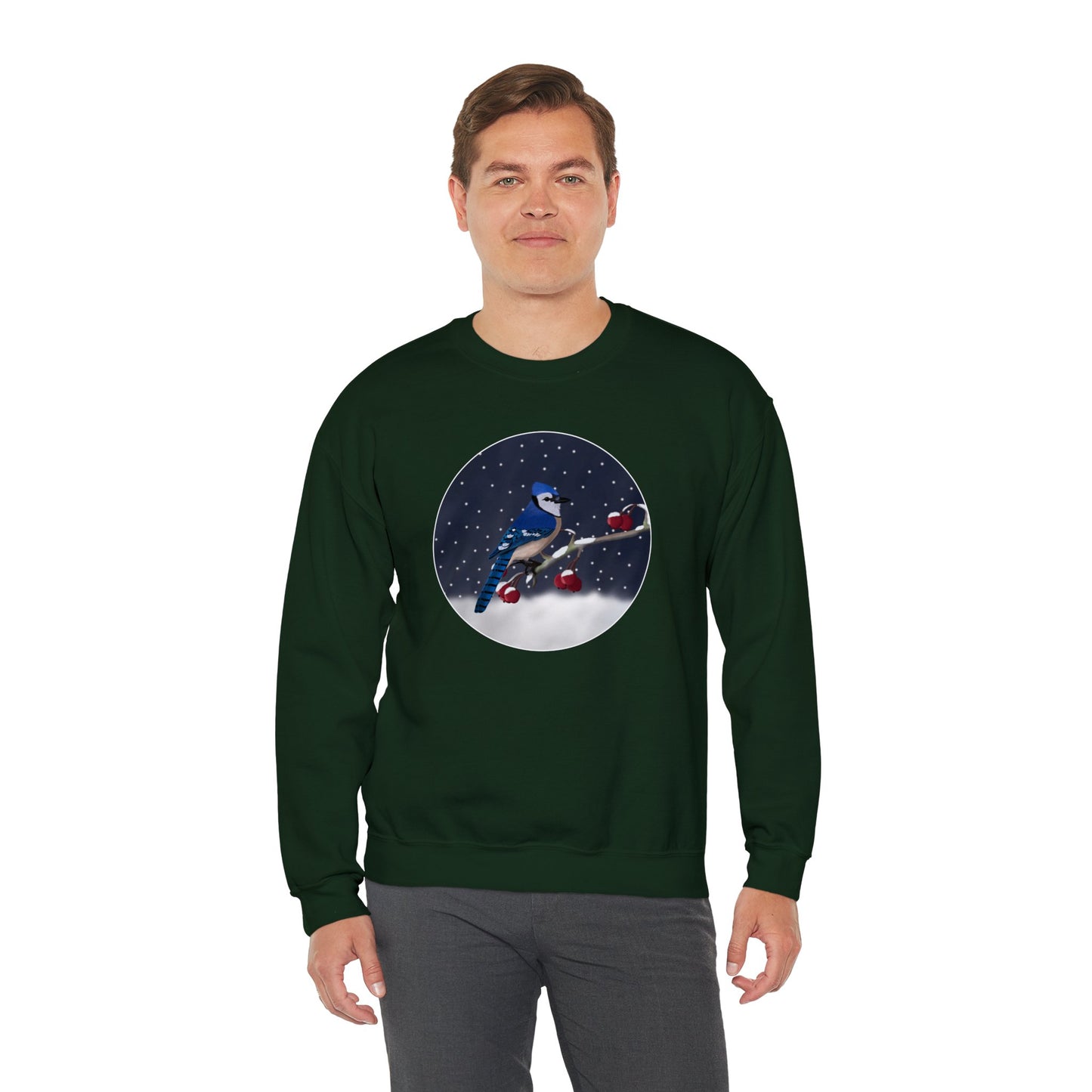 Blue Jay on a Winter Branch Christmas Bird Sweatshirt