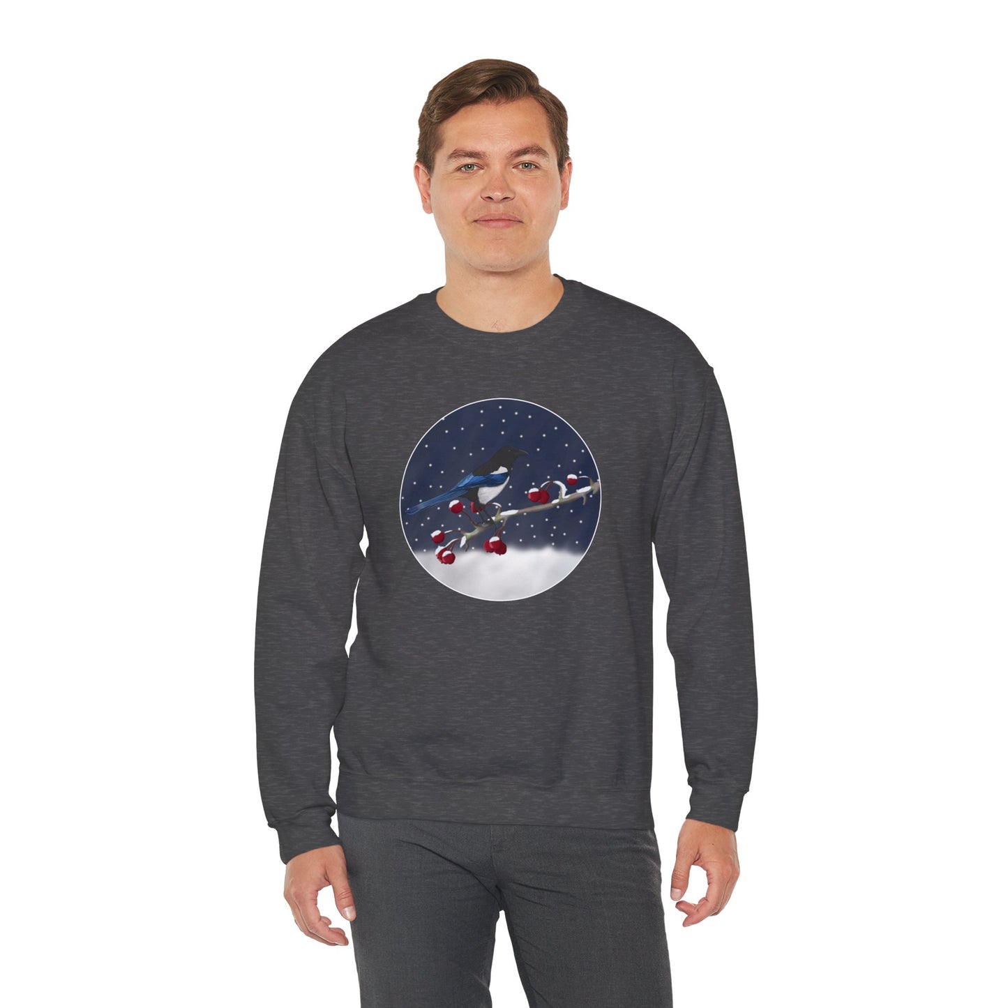 Magpie on a Winter Branch Christmas Bird Sweatshirt