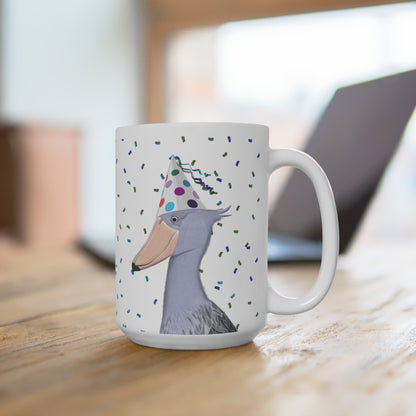 Schuhschnabel feiert Geburtstag mit Partyhut und Konfetti Vogel Tasse
